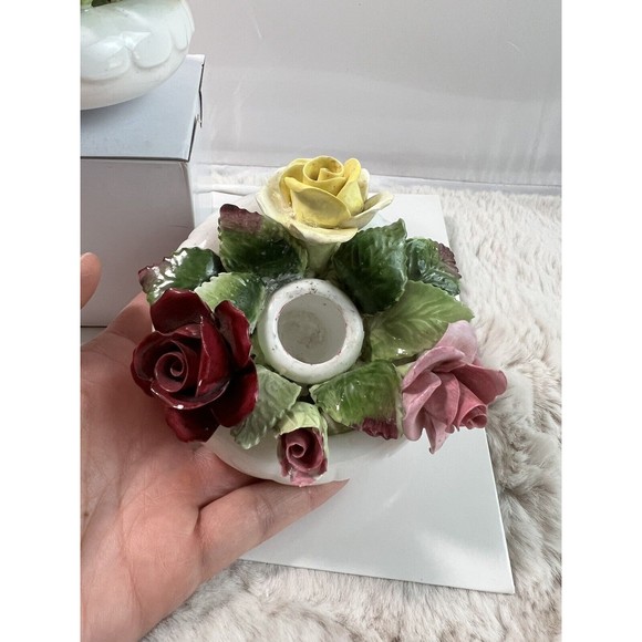 VTG 2 Golden‎ Crown E&R England Fine Bone China Hand Painted Rose Candle Holders - Picture 2 of 6